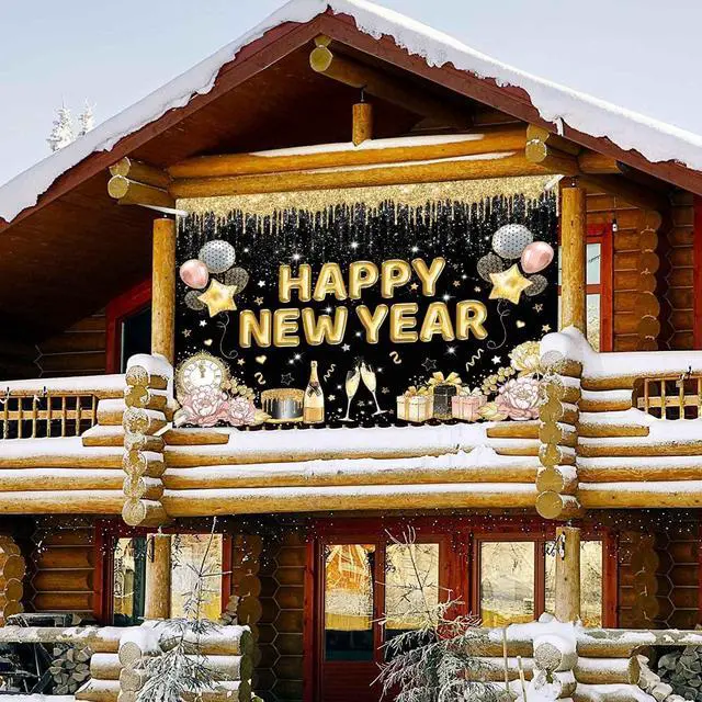 Alt view image 5 of 7 - Happy New Year Banner Backdrop for New Years Decorations 2026 Large Black and Gold New Years Eve Banner Happy New Year Party Supplies Photo Background Wall Decor 7x5ft