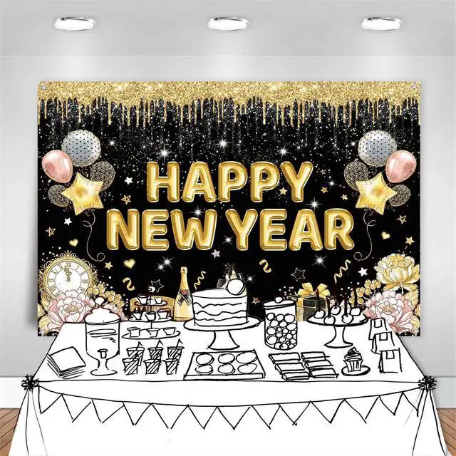 Alt view image 6 of 7 - Happy New Year Banner Backdrop for New Years Decorations 2026 Large Black and Gold New Years Eve Banner Happy New Year Party Supplies Photo Background Wall Decor 7x5ft