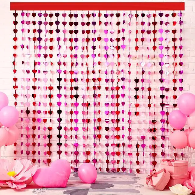Alt view image 4 of 6 - 6 Pcs Heart Foil Fringe Curtains 3.3x6.6ft Valentines Day Photo Backdrop Foil Curtain Red Pink Heart Shaped Tassel Streamer for Valentines Party Decorations Bachelorette Wedding Anniversary