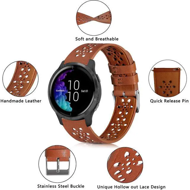 Alt view image 3 of 6 - Lace Leather Band Compatible with Garmin Vivoactive 3/5/Venu/Venu 2 Bands, Women Men, 20mm Breathable Slim Hollow-out Sports Replacement Band