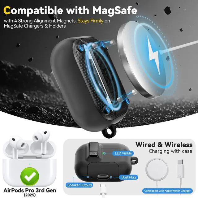 Alt view image 2 of 6 - for AirPods Pro 3 Case 2025, Compatible with Airpods Pro 3rd Generation Case, Safety Lock, Phone Stand, Auto- Pop up, Compatible with MagSafe, Includes Cleaning Kit and Keychain (Black)