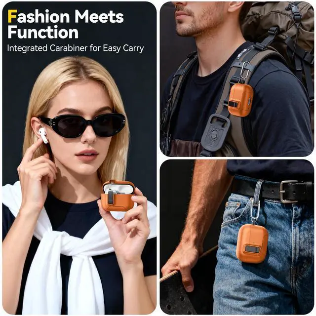 Alt view image 2 of 6 - for AirPods Pro 3 Case, Sleek Protective Case with Safety Lock, Phone Stand, Auto- Pop up Lid for Airpods Pro 3rd Generation 2025, Compatible with MagSafe Includes Cleaning Kit and Keychain (Orange)