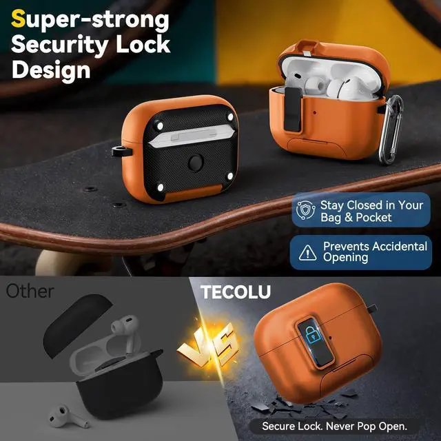 Alt view image 6 of 6 - for AirPods Pro 3 Case, Sleek Protective Case with Safety Lock, Phone Stand, Auto- Pop up Lid for Airpods Pro 3rd Generation 2025, Compatible with MagSafe Includes Cleaning Kit and Keychain (Orange)