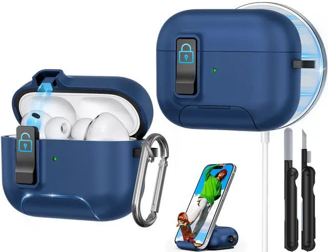 Main image of for AirPods Pro 3 Case 2025, Compatible with Airpods Pro 3rd Generation Case, Safety Lock, Phone Stand, Auto- Pop up, Compatible with MagSafe, Includes Cleaning Kit and Keychain (Blue)