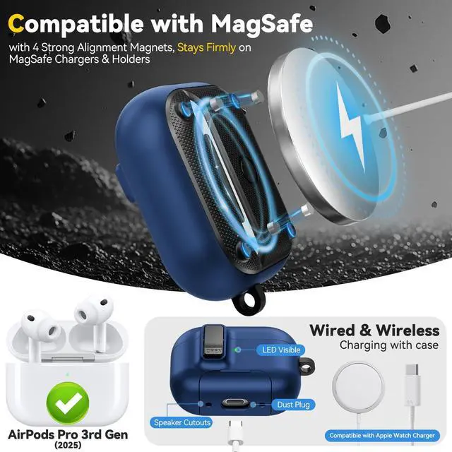 Alt view image 2 of 6 - for AirPods Pro 3 Case 2025, Compatible with Airpods Pro 3rd Generation Case, Safety Lock, Phone Stand, Auto- Pop up, Compatible with MagSafe, Includes Cleaning Kit and Keychain (Blue)