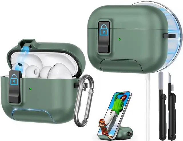 Main image of for AirPods Pro 3 Case 2025, Compatible with Airpods Pro 3rd Generation Case, Safety Lock, Phone Stand, Auto- Pop up, Compatible with MagSafe, Includes Cleaning Kit and Keychain (Green)