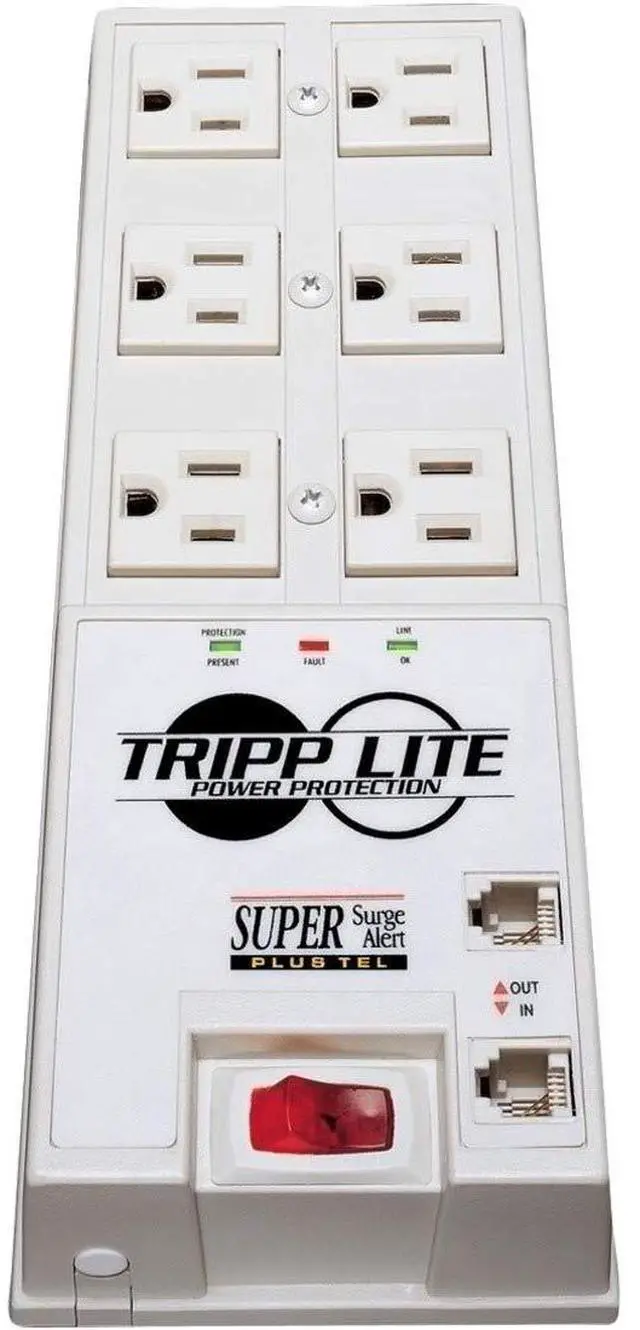 Main image of 6 Outlet Surge Protector Power Strip, 6ft Cord, Right-Angle Plug, Tel/DSL Protection, RJ11, $50,000 INSURANCE (TR-6FM)