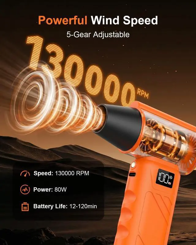 Alt view image 2 of 6 - Solarplay Orange Compressed Air Duster, 130000 RPM Cordless Air Blower with 5-Gear Adjustable Speed, 4000mAh Fast Charging, 4 Nozzles for Car Cleaning Kit, PC Electronics, Home, Outdoor & Inflatables