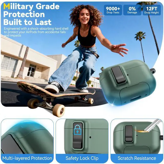 Alt view image 3 of 6 - for AirPods Pro 3 Case 2025, Compatible with Airpods Pro 3rd Generation Case, Safety Lock, Phone Stand, Auto- Pop up, Compatible with MagSafe, Includes Cleaning Kit and Keychain (Green)