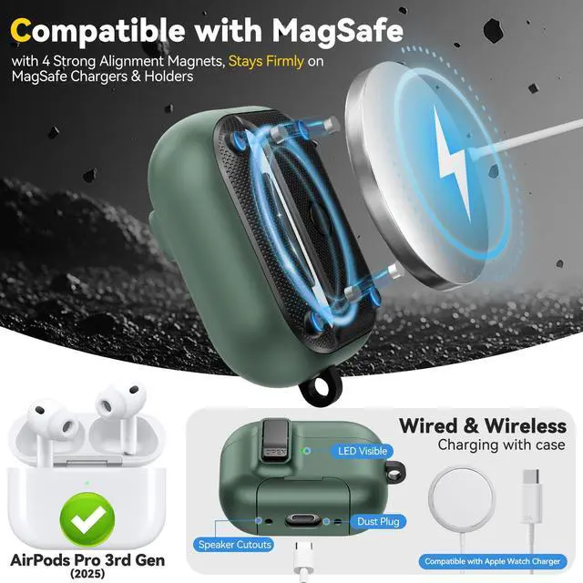 Alt view image 5 of 6 - for AirPods Pro 3 Case 2025, Compatible with Airpods Pro 3rd Generation Case, Safety Lock, Phone Stand, Auto- Pop up, Compatible with MagSafe, Includes Cleaning Kit and Keychain (Green)