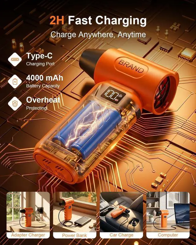 Alt view image 5 of 6 - Solarplay Orange Compressed Air Duster, 130000 RPM Cordless Air Blower with 5-Gear Adjustable Speed, 4000mAh Fast Charging, 4 Nozzles for Car Cleaning Kit, PC Electronics, Home, Outdoor & Inflatables
