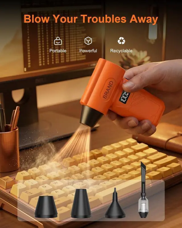 Alt view image 6 of 6 - Solarplay Orange Compressed Air Duster, 130000 RPM Cordless Air Blower with 5-Gear Adjustable Speed, 4000mAh Fast Charging, 4 Nozzles for Car Cleaning Kit, PC Electronics, Home, Outdoor & Inflatables