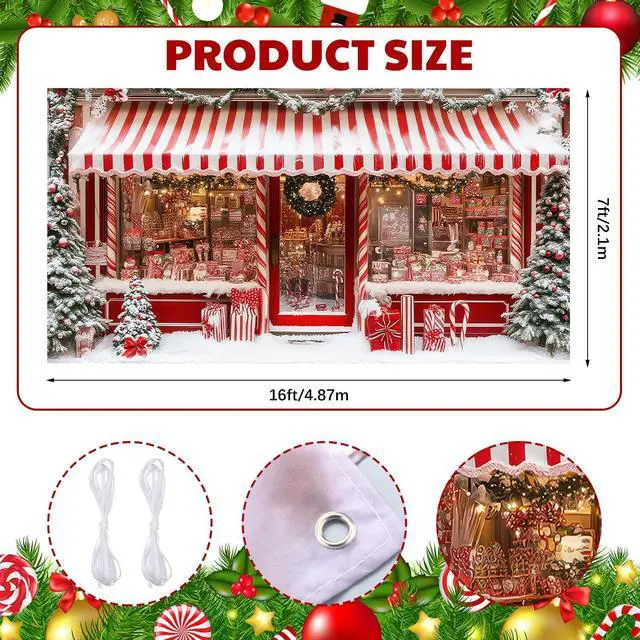 Alt view image 2 of 7 - 16 x 7 ft Cane Candy Christmas Garage Door Cover Banner Decorations, Christmas Santa's Shop Storefront Garage Cover Polyester Xmas Backdrop Photography for Indoor Outdoor Wall Door House