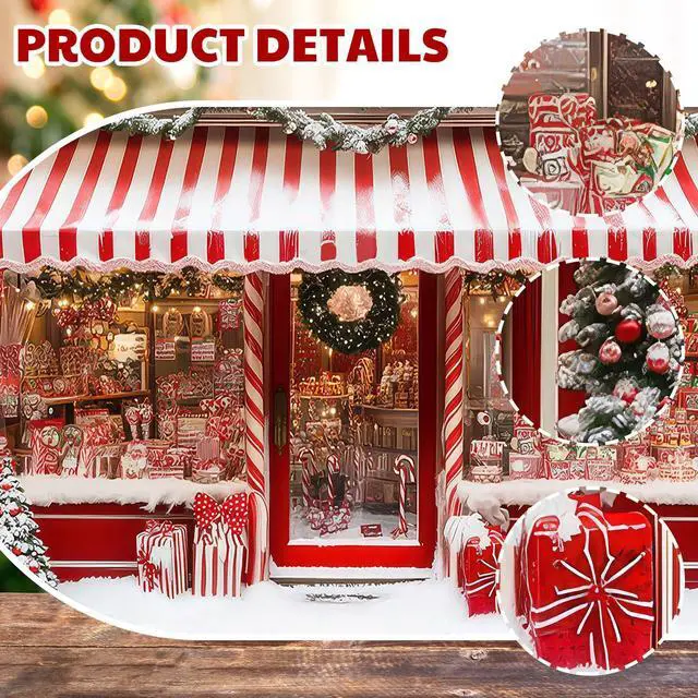 Alt view image 4 of 7 - 16 x 7 ft Cane Candy Christmas Garage Door Cover Banner Decorations, Christmas Santa's Shop Storefront Garage Cover Polyester Xmas Backdrop Photography for Indoor Outdoor Wall Door House