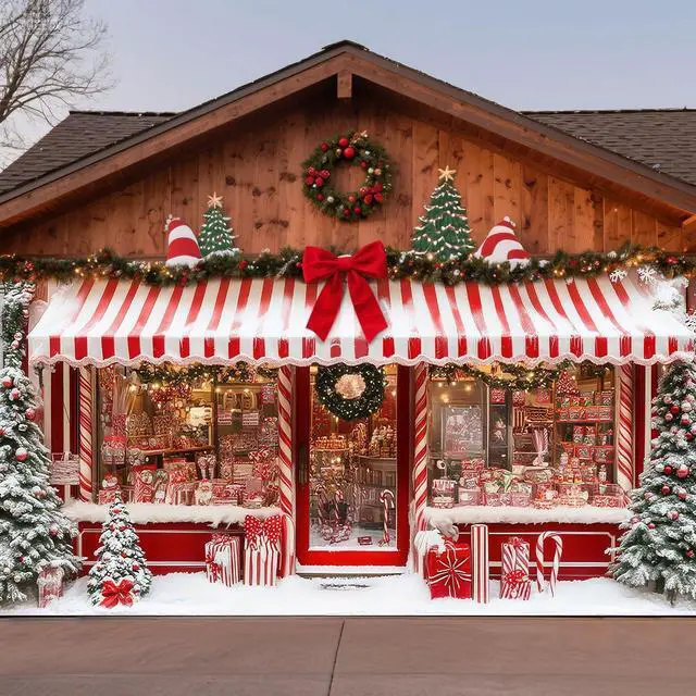 Alt view image 5 of 7 - 16 x 7 ft Cane Candy Christmas Garage Door Cover Banner Decorations, Christmas Santa's Shop Storefront Garage Cover Polyester Xmas Backdrop Photography for Indoor Outdoor Wall Door House
