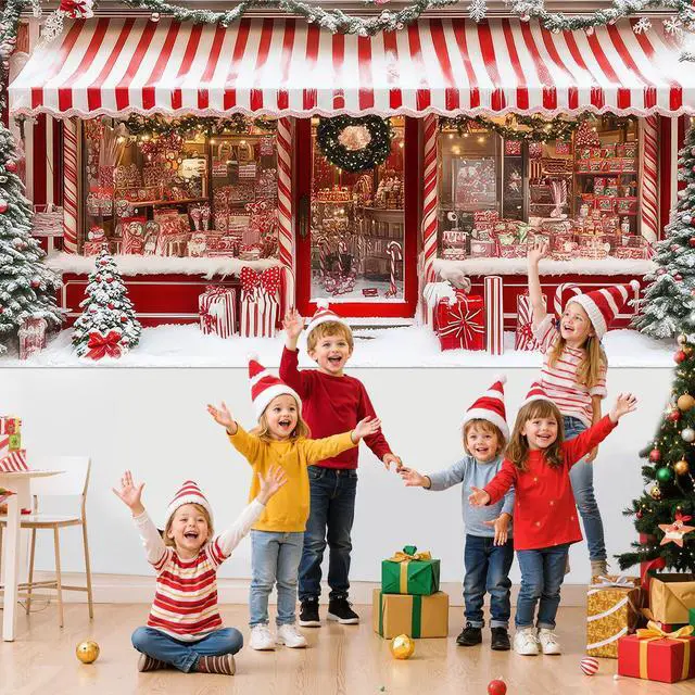 Alt view image 7 of 7 - 16 x 7 ft Cane Candy Christmas Garage Door Cover Banner Decorations, Christmas Santa's Shop Storefront Garage Cover Polyester Xmas Backdrop Photography for Indoor Outdoor Wall Door House