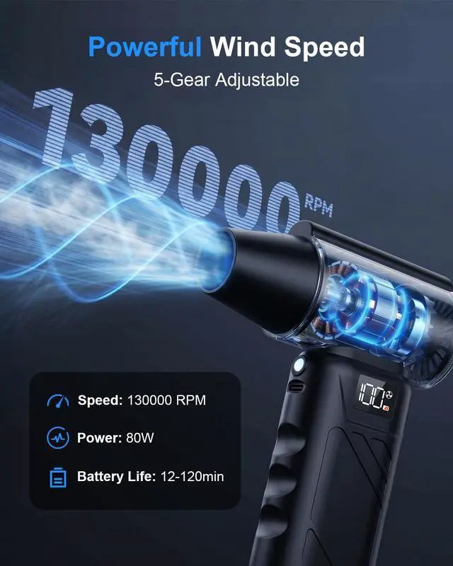 Alt view image 2 of 6 - Solarplay Black Compressed Air Duster, 130000 RPM Cordless Air Blower with 5-Gear Adjustable Speed, 4000mAh Fast Charging, 4 Nozzles for Car Cleaning Kit, PC Electronics, Home, Outdoor & Inflatables
