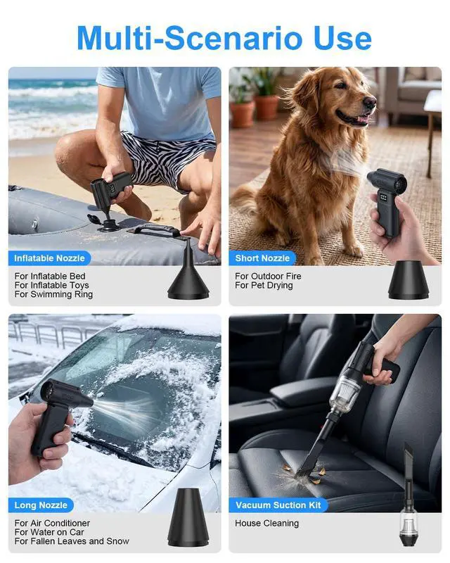 Alt view image 4 of 6 - Solarplay Black Compressed Air Duster, 130000 RPM Cordless Air Blower with 5-Gear Adjustable Speed, 4000mAh Fast Charging, 4 Nozzles for Car Cleaning Kit, PC Electronics, Home, Outdoor & Inflatables