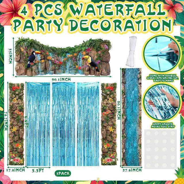 Alt view image 2 of 6 - 7pcs Rainforest VBS 2026 Door Backdrop Decorations Jungle | Waterfall Backdrop with Tropical Flowers Vines, Monkeys Toucans, Jungle Party Entrance Archway Photo Booth Decor