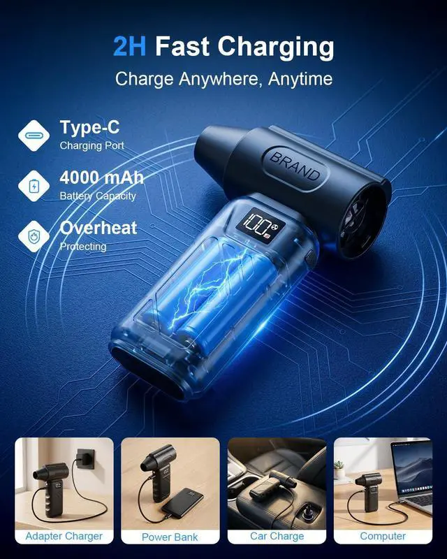 Alt view image 6 of 6 - Solarplay Black Compressed Air Duster, 130000 RPM Cordless Air Blower with 5-Gear Adjustable Speed, 4000mAh Fast Charging, 4 Nozzles for Car Cleaning Kit, PC Electronics, Home, Outdoor & Inflatables