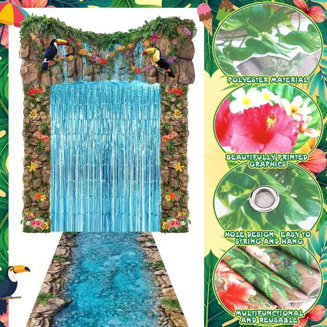 Alt view image 3 of 6 - 7pcs Rainforest VBS 2026 Door Backdrop Decorations Jungle | Waterfall Backdrop with Tropical Flowers Vines, Monkeys Toucans, Jungle Party Entrance Archway Photo Booth Decor