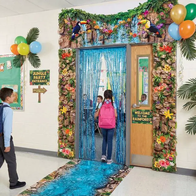 Alt view image 4 of 6 - 7pcs Rainforest VBS 2026 Door Backdrop Decorations Jungle | Waterfall Backdrop with Tropical Flowers Vines, Monkeys Toucans, Jungle Party Entrance Archway Photo Booth Decor
