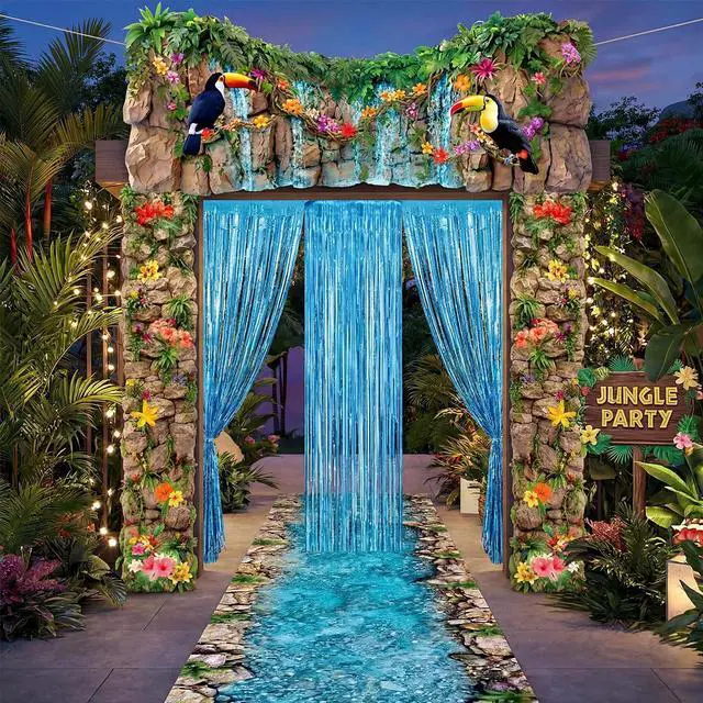 Alt view image 6 of 6 - 7pcs Rainforest VBS 2026 Door Backdrop Decorations Jungle | Waterfall Backdrop with Tropical Flowers Vines, Monkeys Toucans, Jungle Party Entrance Archway Photo Booth Decor