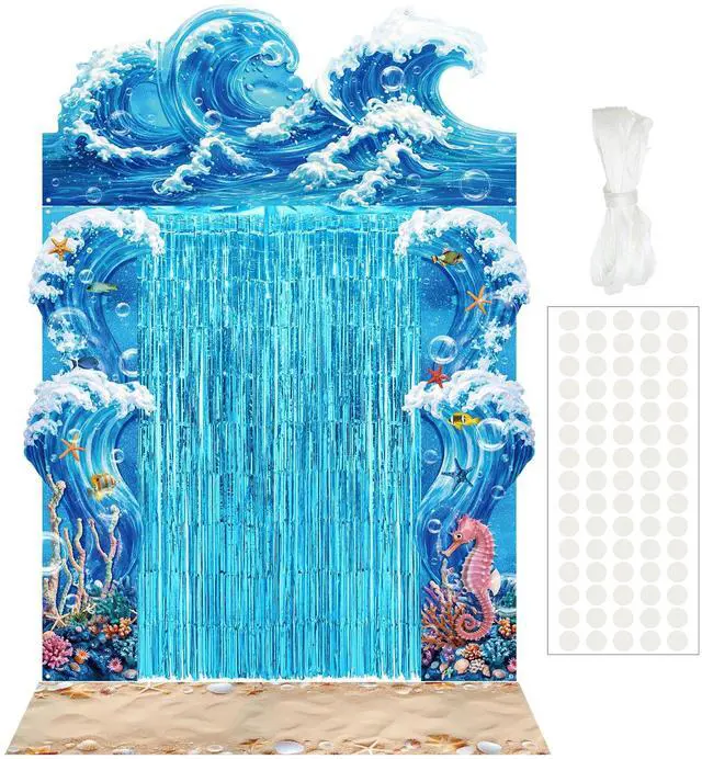 Main image of 7 Pcs Ocean Beach Backdrop Party Foil Fringe Curtain | Under the Sea Theme Decorations, Ocean Waves 3D Backdrop, Shimmer Curtain for Birthday Photo Booth Studio Setup