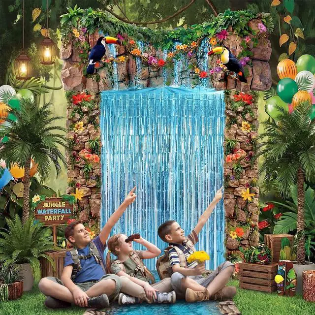 Alt view image 5 of 6 - 7pcs Rainforest VBS 2026 Door Backdrop Decorations Jungle | Waterfall Backdrop with Tropical Flowers Vines, Monkeys Toucans, Jungle Party Entrance Archway Photo Booth Decor