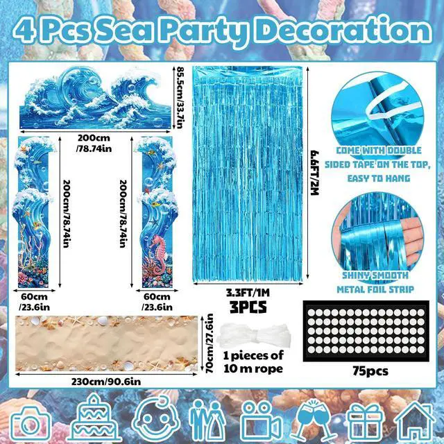 Alt view image 2 of 6 - 7 Pcs Ocean Beach Backdrop Party Foil Fringe Curtain | Under the Sea Theme Decorations, Ocean Waves 3D Backdrop, Shimmer Curtain for Birthday Photo Booth Studio Setup