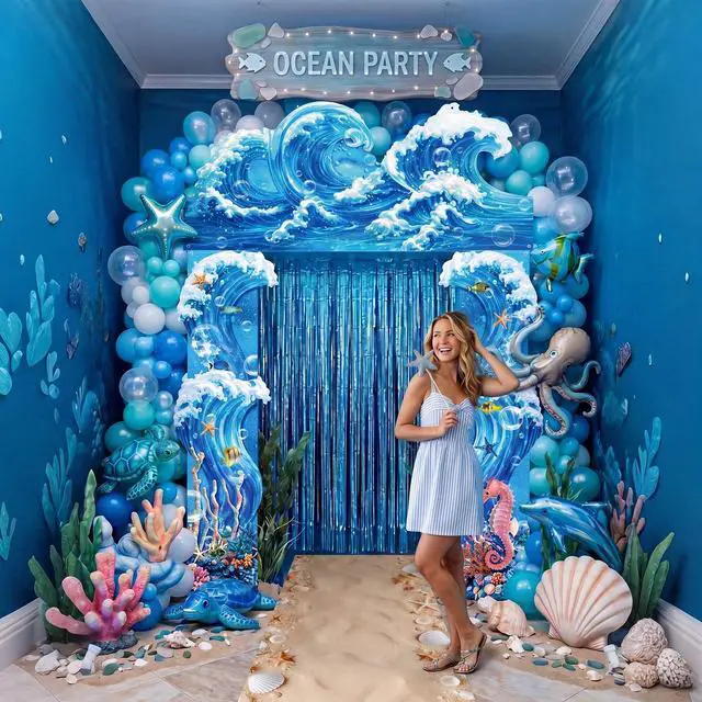 Alt view image 4 of 6 - 7 Pcs Ocean Beach Backdrop Party Foil Fringe Curtain | Under the Sea Theme Decorations, Ocean Waves 3D Backdrop, Shimmer Curtain for Birthday Photo Booth Studio Setup