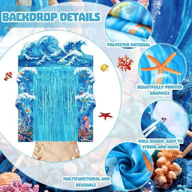 Alt view image 3 of 6 - 7 Pcs Ocean Beach Backdrop Party Foil Fringe Curtain | Under the Sea Theme Decorations, Ocean Waves 3D Backdrop, Shimmer Curtain for Birthday Photo Booth Studio Setup