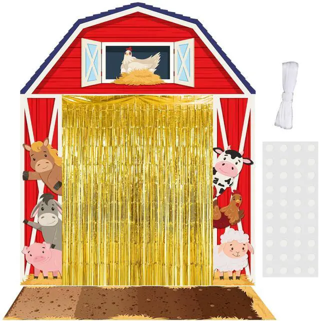 Main image of 7 Pcs Farm Theme Party Decorations Awning Banner Rug Backdrop | Barnyard Birthday Decor, Yellow Striped Awning, Gold Foil Fringe Curtains, Woven Rug Mat, Entryway Photo Booth Background