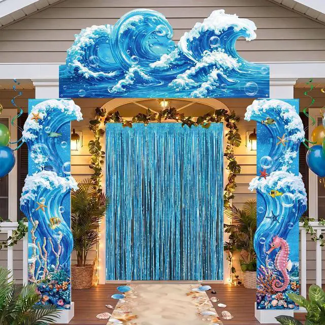 Alt view image 6 of 6 - 7 Pcs Ocean Beach Backdrop Party Foil Fringe Curtain | Under the Sea Theme Decorations, Ocean Waves 3D Backdrop, Shimmer Curtain for Birthday Photo Booth Studio Setup