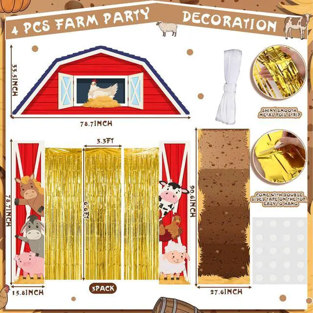 Alt view image 2 of 6 - 7 Pcs Farm Theme Party Decorations Awning Banner Rug Backdrop | Barnyard Birthday Decor, Yellow Striped Awning, Gold Foil Fringe Curtains, Woven Rug Mat, Entryway Photo Booth Background