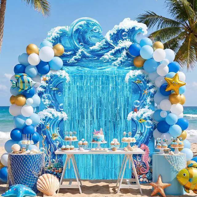 Alt view image 5 of 6 - 7 Pcs Ocean Beach Backdrop Party Foil Fringe Curtain | Under the Sea Theme Decorations, Ocean Waves 3D Backdrop, Shimmer Curtain for Birthday Photo Booth Studio Setup