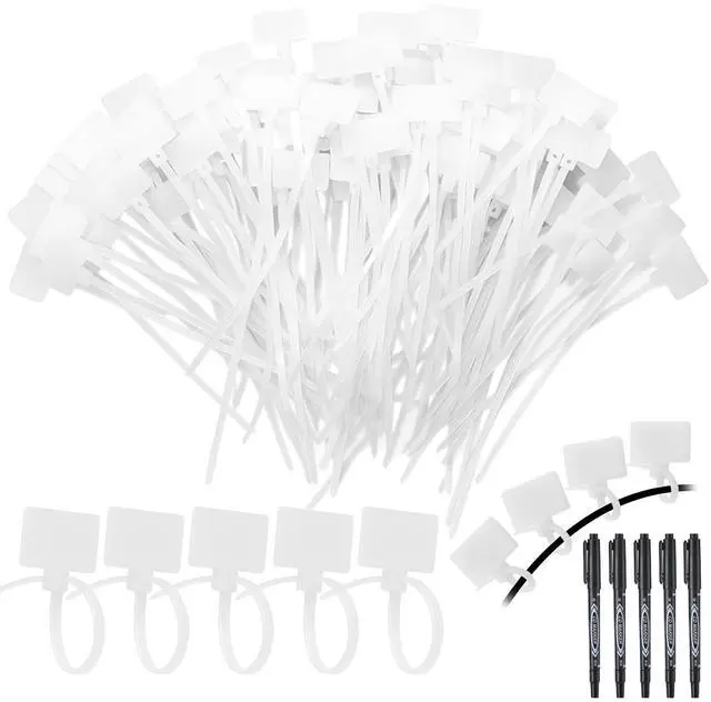 Main image of 1000 Pcs 4 Inch Marker Nylon Cable Ties with 5 Pens, Plastic Water Proof Tag, Self-locking Written-on Cord Marker, Security Label for Cabling, Wire Label, Shipping Hanging Tags White