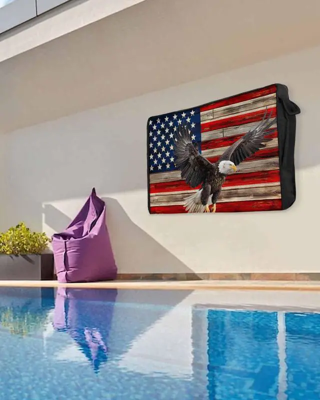 Alt view image 3 of 6 - American Flag Outdoor TV Cover 52"-55" Waterproof & Weatherproof TV Cover for Outside 600D Thick TVs Enclosure Eagle Blue Red USA Flag Retro Flat Television Display Screen Protector with Pocket