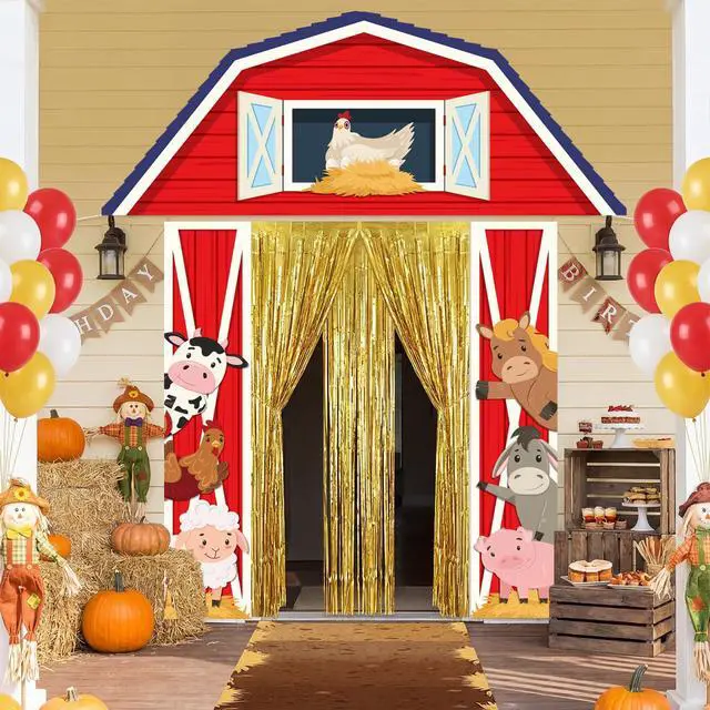 Alt view image 6 of 6 - 7 Pcs Farm Theme Party Decorations Awning Banner Rug Backdrop | Barnyard Birthday Decor, Yellow Striped Awning, Gold Foil Fringe Curtains, Woven Rug Mat, Entryway Photo Booth Background