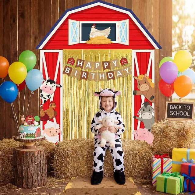 Alt view image 5 of 6 - 7 Pcs Farm Theme Party Decorations Awning Banner Rug Backdrop | Barnyard Birthday Decor, Yellow Striped Awning, Gold Foil Fringe Curtains, Woven Rug Mat, Entryway Photo Booth Background