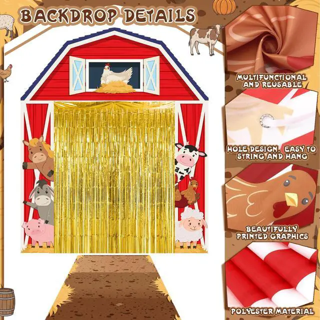 Alt view image 3 of 6 - 7 Pcs Farm Theme Party Decorations Awning Banner Rug Backdrop | Barnyard Birthday Decor, Yellow Striped Awning, Gold Foil Fringe Curtains, Woven Rug Mat, Entryway Photo Booth Background