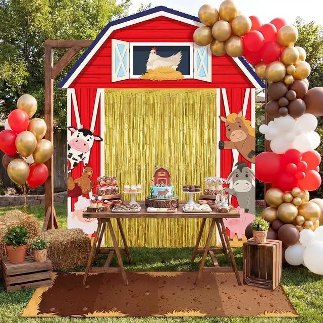 Alt view image 4 of 6 - 7 Pcs Farm Theme Party Decorations Awning Banner Rug Backdrop | Barnyard Birthday Decor, Yellow Striped Awning, Gold Foil Fringe Curtains, Woven Rug Mat, Entryway Photo Booth Background