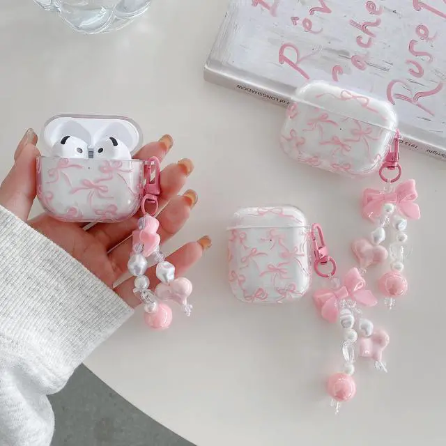 Alt view image 3 of 6 - for AirPods 4 Clear Case with Keychain,Shockproof Soft Clear Pink Bow Pattern Design,Cute Women Girls for AirPods Protective Cover Case