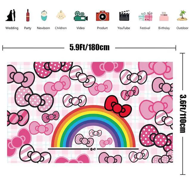 Alt view image 2 of 6 - Pink Bow and Rainbow Photo Backdrop - 5.9x3.6ft Anime Hello Cat Birthday Party Banner for Girls Party Theme Supplies(180x110cm)