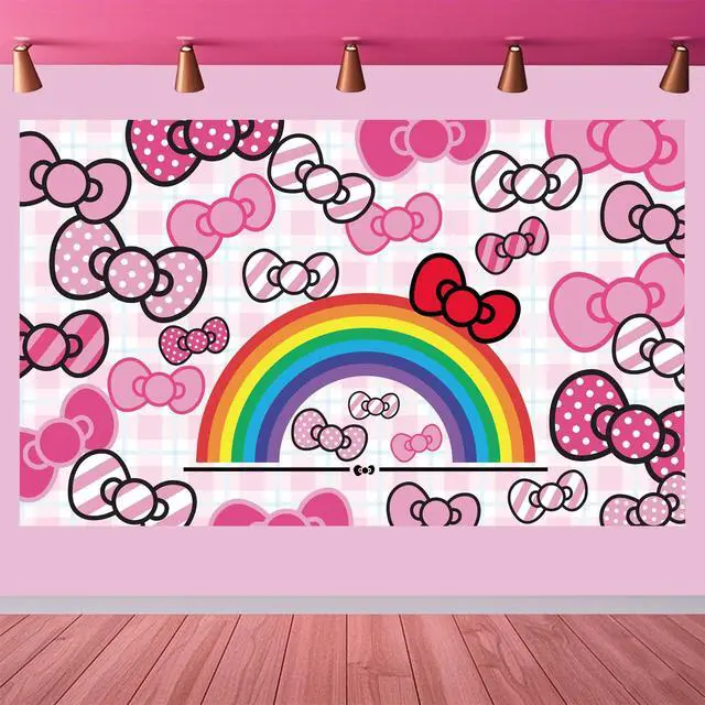 Alt view image 4 of 6 - Pink Bow and Rainbow Photo Backdrop - 5.9x3.6ft Anime Hello Cat Birthday Party Banner for Girls Party Theme Supplies(180x110cm)