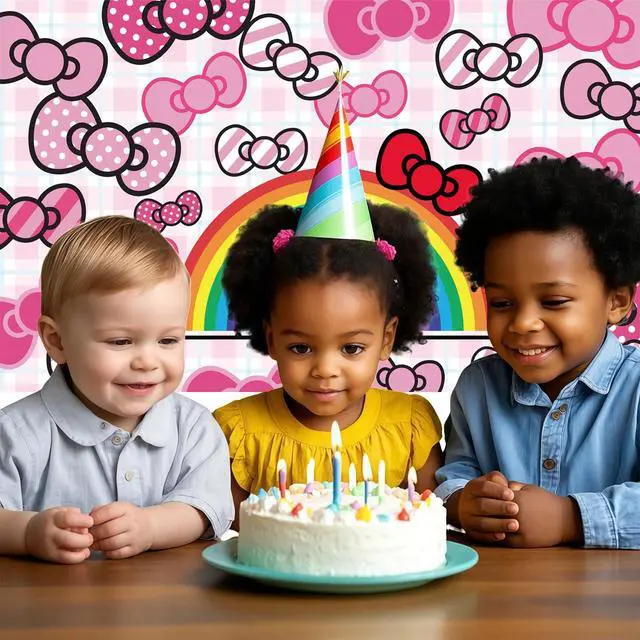 Alt view image 3 of 6 - Pink Bow and Rainbow Photo Backdrop - 5.9x3.6ft Anime Hello Cat Birthday Party Banner for Girls Party Theme Supplies(180x110cm)