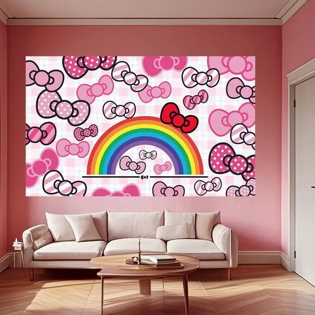 Alt view image 5 of 6 - Pink Bow and Rainbow Photo Backdrop - 5.9x3.6ft Anime Hello Cat Birthday Party Banner for Girls Party Theme Supplies(180x110cm)