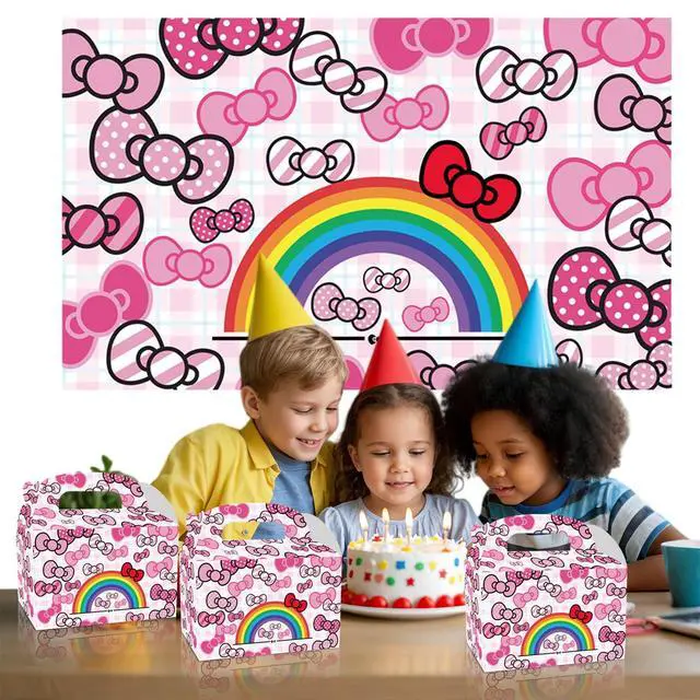 Alt view image 6 of 6 - Pink Bow and Rainbow Photo Backdrop - 5.9x3.6ft Anime Hello Cat Birthday Party Banner for Girls Party Theme Supplies(180x110cm)