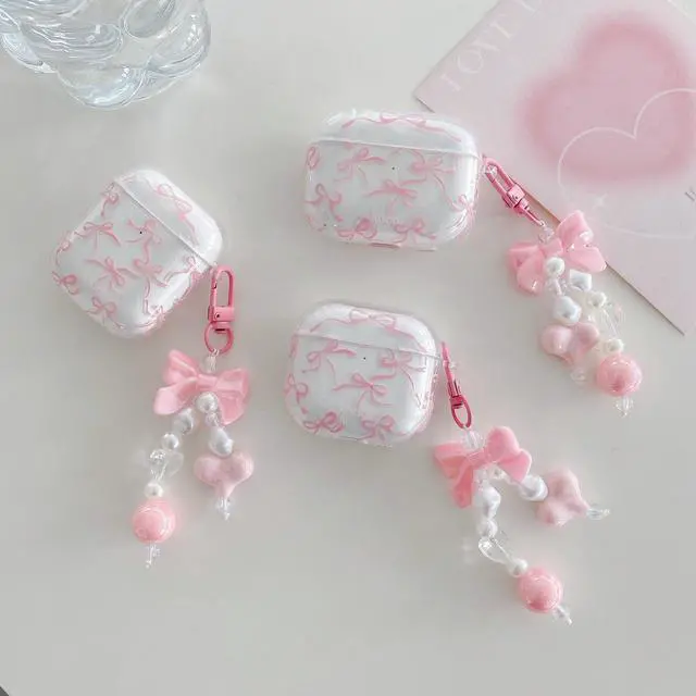 Alt view image 4 of 6 - for AirPods 4 Clear Case with Keychain,Shockproof Soft Clear Pink Bow Pattern Design,Cute Women Girls for AirPods Protective Cover Case