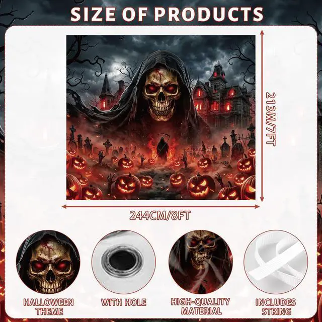 Alt view image 2 of 6 - Grim Reaper Halloween Garage Door Cover 7x8 FT Decorations | Spooky Garage Door Banner, Rope and Grommet Easy Mount, High Quality, Death Figure Theme, Halloween Decor